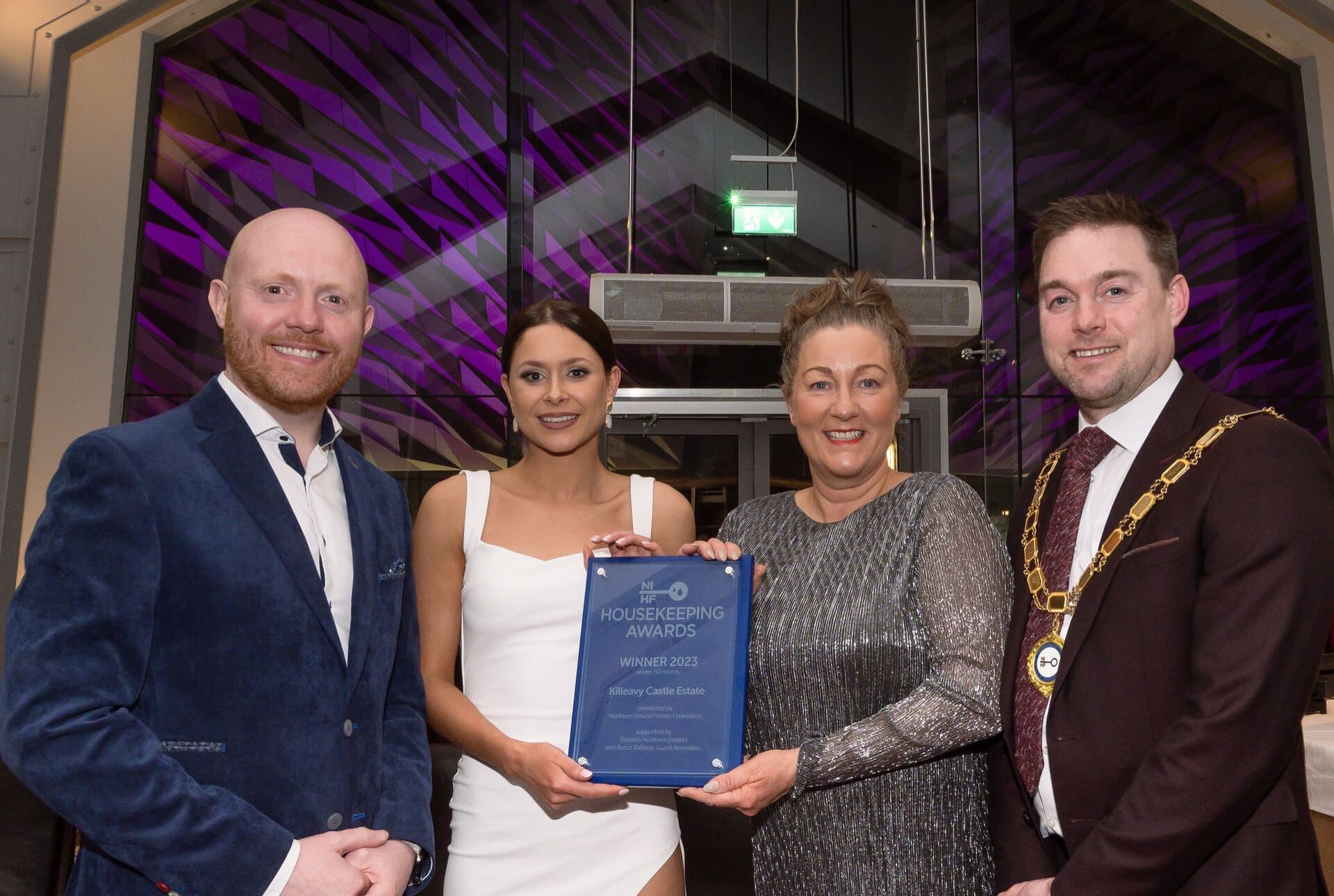 Barra Best (BBC Presenter and Host), Janice Lacey (Accommodation Supervisor), Katelyn Fullard (Accommodation Supervisor), Edward McKeever (NIHF President).